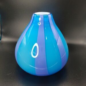 Pier One Blue with Purple Stripe Blown Art Glass Flower Vase 5" Modern